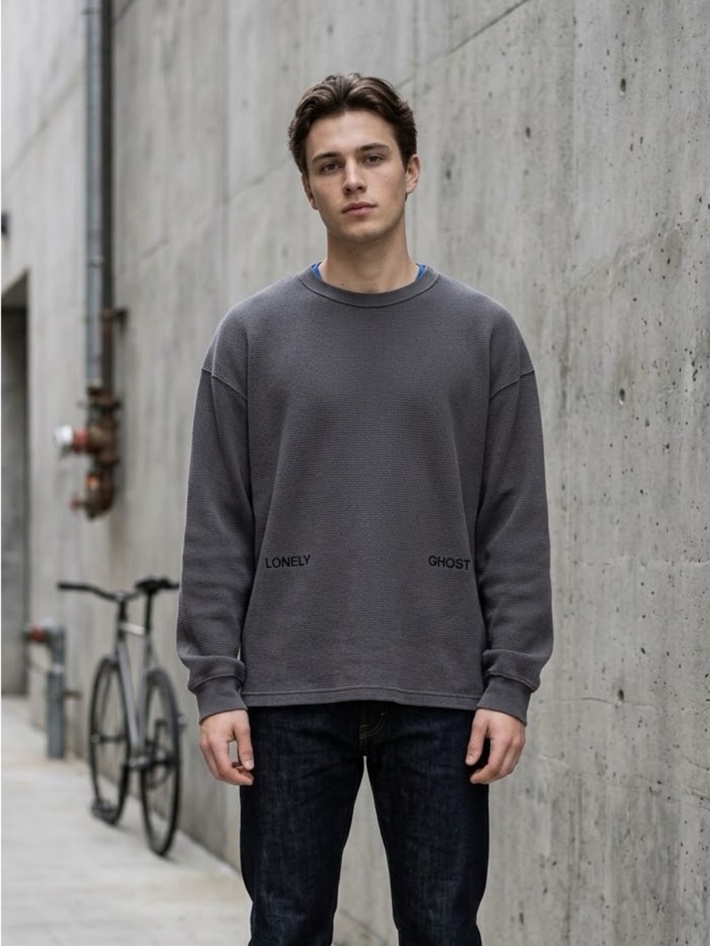 LONELY GHOST Men's Charcoal Grey Knit Crewneck Sweatshirt